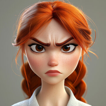 3D model of an angry girl with red hair and brown eyes on a neutral background