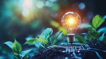 Poster - Innovative Light Bulb on Circuit Board Surrounded by Fresh Green Leaves