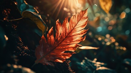 Poster - Glowing Autumn Leaf in Sunlight with a Soft Editorial Style