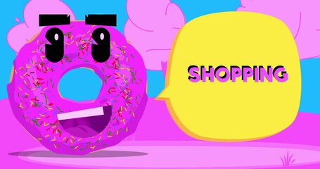 Poster - Doughnut with Shopping text. Cartoon Lifestyles animation.