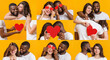 © Prostock-studio - A diverse couple enjoys affectionate moments together, sharing smiles and playful gestures against a vibrant yellow backdrop. This cheerful collage captures their joyful expression of love.