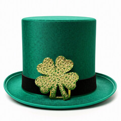 Green top hat with shamrock isolated on white background. St. Patrick's Day