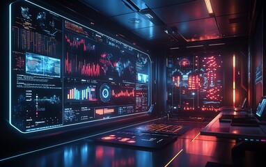 Poster - Futuristic office space with a digital screen showcasing AI technology