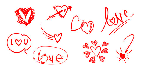 Poster - Doodle hearts on set. hand drawn style. love symbol illustration. isolated on white background