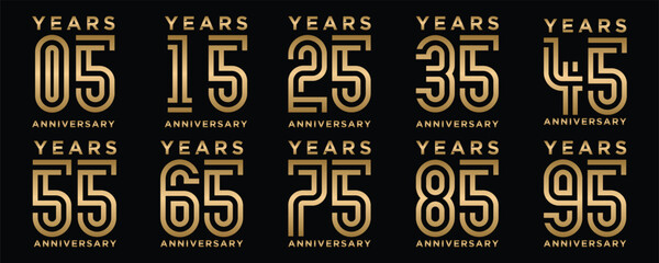 creative anniversary logo design collection number 5 to 95 in gold and black background. abstract number design vector illustration