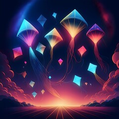 Wall Mural - abstract background with stars, kites flying with sky background