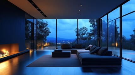 Wall Mural - Dark modern living room with black walls, low light from a single floor lamp, and minimalist furniture. Large windows with subtle outside night lighting reflecting on the floor.