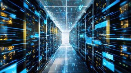 Poster - A futuristic 3D render of a high-tech server room with glowing blue and yellow lights, showcasing data transfer and digital connectivity. Perfect for technology and networking concepts