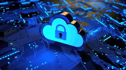 Poster - A glowing blue cloud icon with a padlock symbolizes secure cloud storage over a circuit board. Ideal for cybersecurity, cloud technology, and secure data marketing