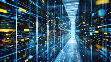 Aufkleber - A vibrant server room illuminated with dynamic blue and yellow lights symbolizes data flow and advanced technology. Ideal for IT infrastructure, cloud computing, and networking content