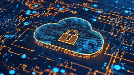 Poster - A digital cloud with a glowing padlock over a circuit board represents secure cloud storage and data protection. Ideal for cybersecurity and technology marketing
