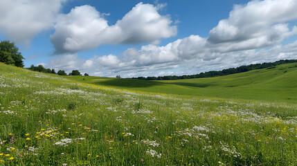 Wall Mural - Sunny day, rolling green hills covered in wildflowers under a bright blue sky with fluffy white clouds.