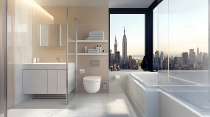 Wall Mural - Modern bathroom with city view.