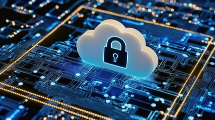 Poster - A glowing cloud icon with a padlock sits atop a digital circuit board, symbolizing secure cloud storage and data protection. Ideal for cybersecurity and IT marketing
