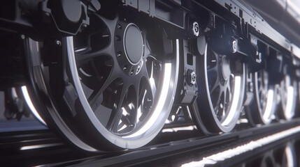 Poster - High quality close up of train wheels showcasing intricate details and metallic textures, emphasizing engineering and design. image captures essence of modern transportation