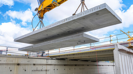 Poster - construction crane lifting concrete slabs for building project, showcasing industrial machinery and 