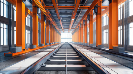 Poster - modern train station interior featuring orange pillars and bright windows, showcasing railway tracks