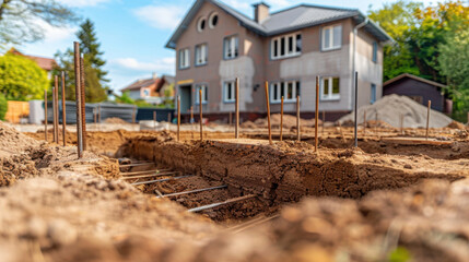 Poster - Construction site with foundation work, rebar, and house in background. scene captures early stages of building, showcasing soil, rods, and clear sky