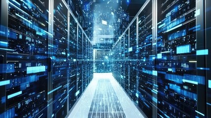 Aufkleber - A sleek server room illuminated by dynamic blue light trails represents advanced technology and data flow. Perfect for IT, cloud computing, and networking themes