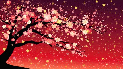 Canvas Print - Enchanting cherry blossom tree against a starry sunset sky