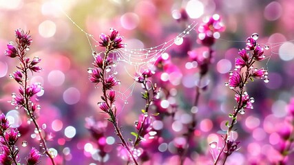 Wall Mural - Dewdrops glisten on pink flowers surrounded by delicate spiderwebs in a sunlit garden setting