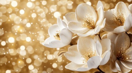 Wall Mural - Elegant white flowers with golden bokeh background