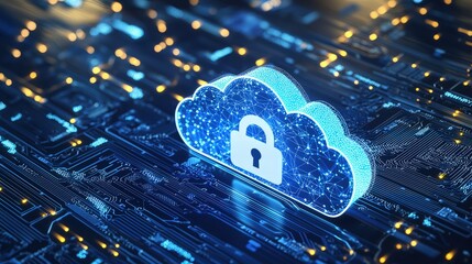 Poster - A glowing blue cloud with a padlock sits atop a digital circuit board, representing secure data storage. Ideal for cybersecurity, cloud technology, and IT infrastructure themes