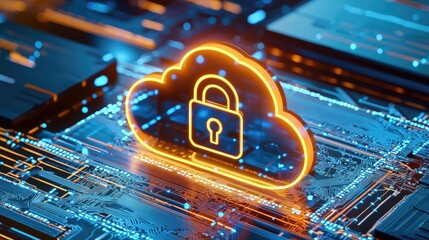 Poster - A glowing orange cloud with a padlock on a futuristic circuit board symbolizes secure cloud storage and data protection. Perfect for cybersecurity and IT marketing