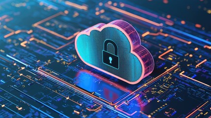 Poster - A glowing neon cloud with a padlock sits on a futuristic circuit board, symbolizing secure data storage and protection. Perfect for cybersecurity and IT marketing