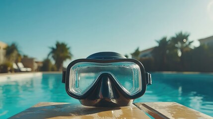 Wall Mural - A streamlined diving mask placed on a diving board overlooking a calm outdoor swimming pool