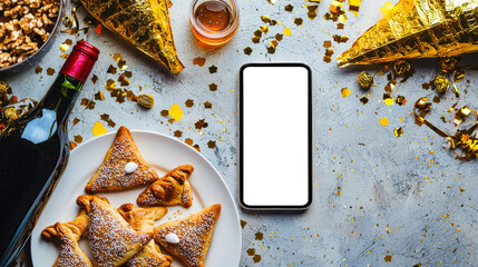 Wall Mural - The concept of celebrating Purim. Traditional Jewish sweets, a bottle of wine and golden confetti are on the table next to a modern smartphone with an empty screen. Phone mockup