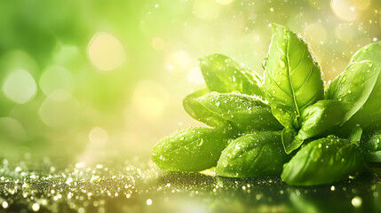 Poster - A close-up of fresh green leaves glistening with water droplets against a soft, blurred green background, evoking a serene and natural atmosphere