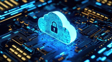 Poster - A glowing digital cloud with a padlock icon sits on an illuminated circuit board, symbolizing secure data storage. Ideal for cybersecurity, cloud computing, and IT solutions
