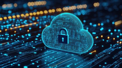 Poster - A glowing digital cloud with a padlock stands on a futuristic circuit board, symbolizing secure data storage. Perfect for cybersecurity, cloud computing, and IT themes