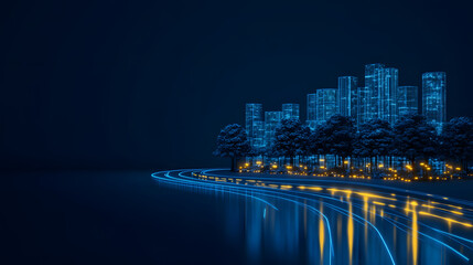 Poster - A serene night cityscape featuring illuminated buildings and a glowing waterfront, creating a tranquil atmosphere