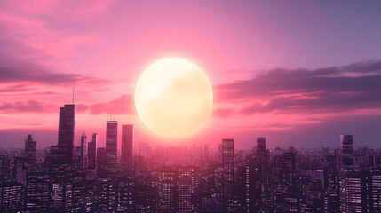 Poster - A vibrant sunset casts a pink hue over a city skyline, featuring tall buildings silhouetted against the glowing sun