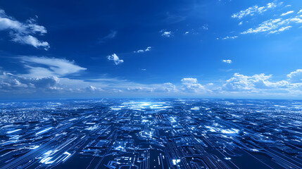 Aufkleber - A serene blue sky over a futuristic landscape with digital elements, evoking a sense of innovation and technological advancement