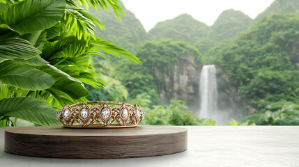 Luxurious Diamond Crown on Wooden Display Against Waterfall Background