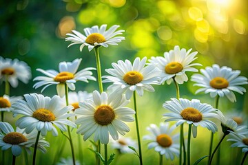 silhouetted shasta daisies bloom against a lush green summer meadow.