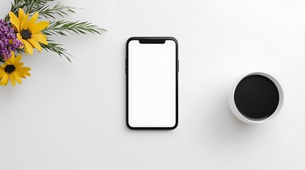 Sticker - Smartphone Mockup with Coffee and Flowers on White Desk