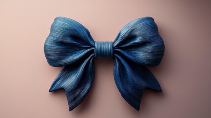 Wall Mural - A large, dark blue satin ribbon bow, elegantly tied, against a pale pink background.