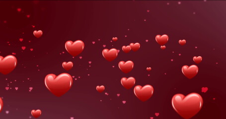 Wall Mural - image of red hearts icons floating on red background