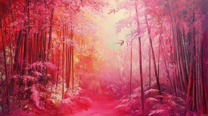 Canvas Print - Bamboo grove with vibrant pink blossoms, surrounded by an enchanting red forest in soft light