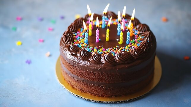 A cheerful chocolate birthday cake topped with colorful sprinkles and candles isolated on a soft blue background