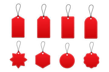 Red tags with dashed line. Price labels with cords, blank tags for luggage and gift cards. Isolated paper tags or price tags set.