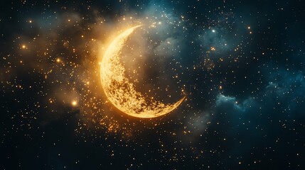 Wall Mural - Golden Crescent Moon: Celestial Dreamscape in a Starry Night