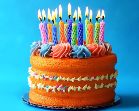 A cheerful orange cake with colorful birthday candles set against a bright blue background