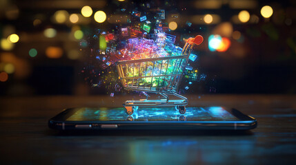 Wall Mural - digital shopping cart glows above smartphone, symbolizing online shopping. vibrant colors and dynamic elements create engaging atmosphere