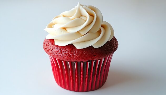 A classic red cupcake topped with a thick layer of white cream isolated on a clean white background