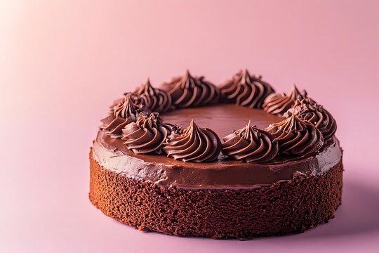 A decadent chocolate cake with rich frosting isolated on a soft pastel background